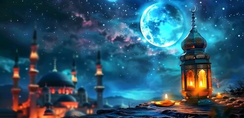 Eid Adha mubarak and ramadan kareem greetings with an islamic lantern and moon, in front of a mosque background