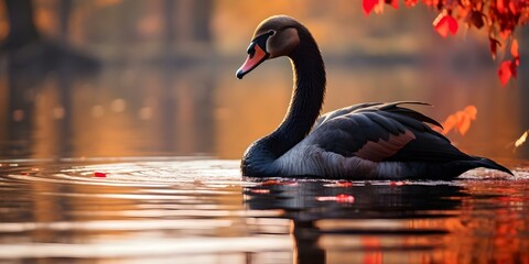 Black swan gracefully perched on a tranquil autumn lake. Concept Wildlife Photography, Natural Beauty, Animal Behavior, Birdwatching, Seasonal Change