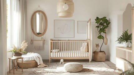 Scandinavian nursery with a minimalist crib, soft colors, wooden accents, and cozy textiles