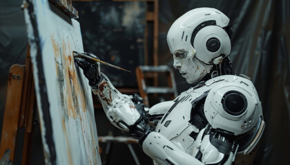 Fototapeta premium A robot is painting a picture on a canvas by AI generated image