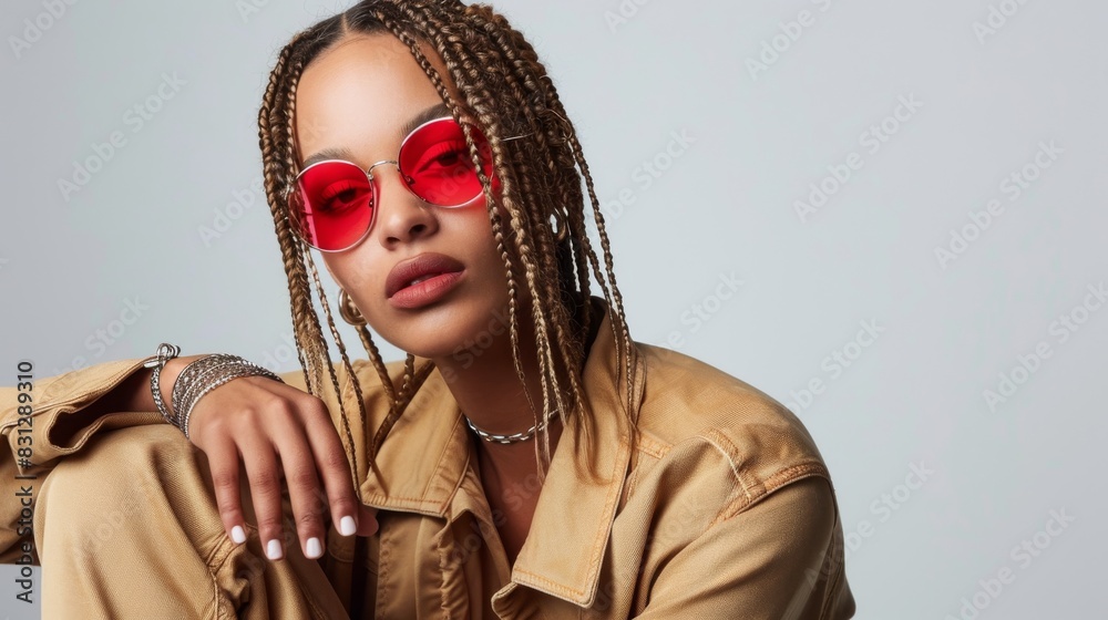 Wall mural fashion model with braids and red sunglasses posing against a white background.