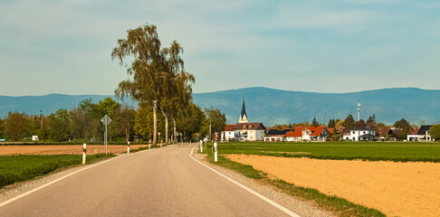 Beautiful spring view with the Bavarian Forest in the background near Straßkirchen, Straubing-Bogen, Germany