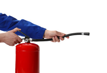 Naklejka premium Man with fire extinguisher on white background, closeup
