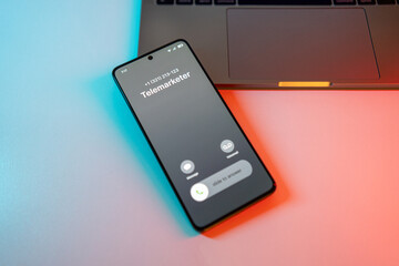 Telemarketer call on phone. Spam incoming call on cell phone. Telemarketing call