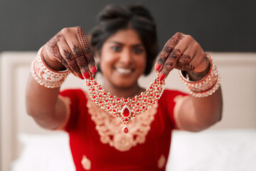 Indian, bride and hands with henna, jewellery and morning of wedding, luxury and culture for woman....