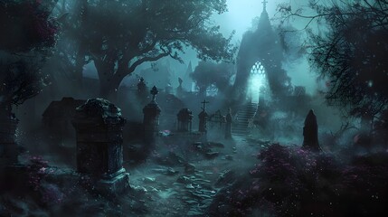 Mysterious and Haunting Gothic Castle Shrouded in Ethereal Mist and Enchanting Shadows of a Mystical Forest Landscape