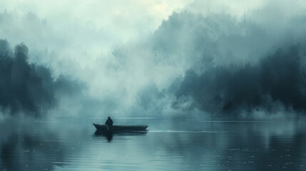 Serene lake morning with solitary boatman