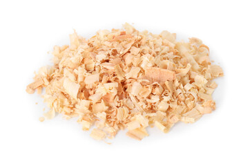 Pile of natural sawdust isolated on white, top view