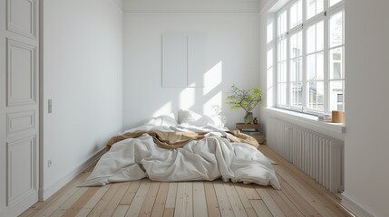Scandinavian bedroom with a minimalist bed, white walls, wooden floors, and cozy textiles
