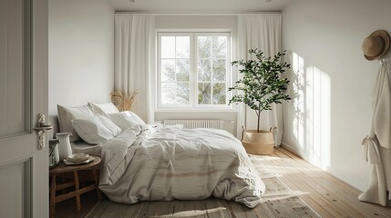Scandinavian bedroom with a minimalist bed, white walls, wooden floors, and cozy textiles