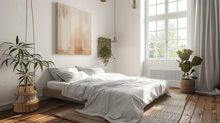 Scandinavian bedroom with a minimalist bed, white walls, wooden floors, and cozy textiles
