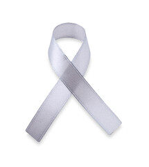 Gray awareness ribbon isolated on white, top view