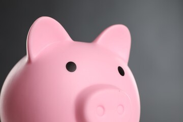 Pink piggy bank on grey background, closeup
