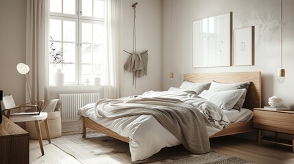 Scandinavian bedroom with wooden bed frame, white walls, cozy textiles, and minimalist decor