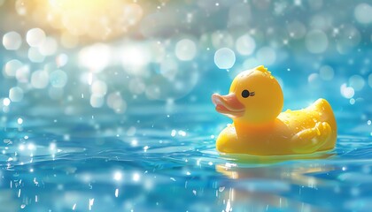 A cute yellow rubber duck floating on sparkling blue water with a sunny background, perfect for themes of childhood, fun, and relaxation.