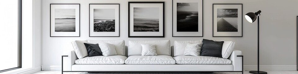 luxury minimalist living room with a gallery wall of black and white photography