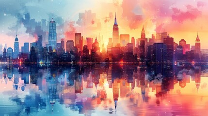 Abstract digital art of a city skyline at sunset