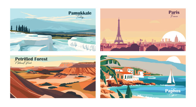 Pamukkale, Turkey, Paphos, Cyprus, Paris, France, Petrified Forest, National Park - Vector illustrations. Travel summer holiday vacation banner concept.