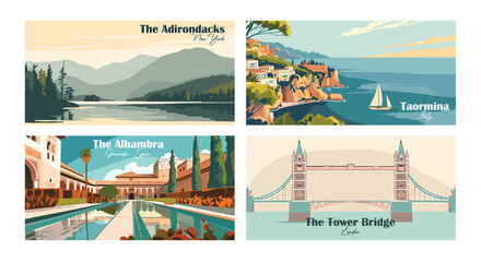 Taormina, Italy, The Adirondacks, New York, The Alhambra, Granada, Spain, The Tower Bridge, London - Vector illustrations. Travel summer holiday vacation banner concept.