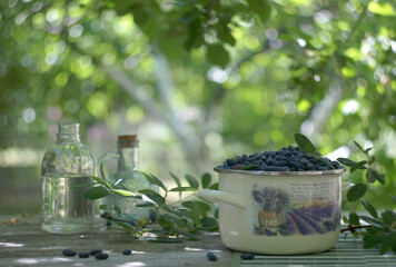 pot full of honeysuckle berries and two glass bottles on a wooden table top against a blurred green...