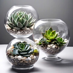 Home flowers in round florariums on the windowsill. Compositions of succulents in glass vases decorated with white stones. Green indoor plants. Side view, copy space.	