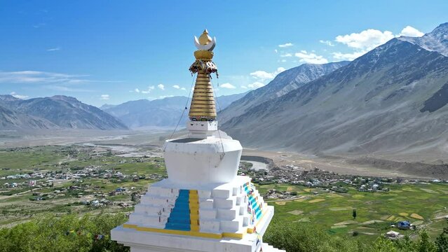 Buddhist stupa in the Himalayas, Little Tibet from a drone, Zanskar from the air