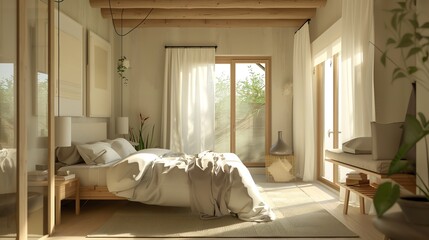 Scandinavian master bedroom with cozy atmosphere, minimalist design, neutral colors, and natural light