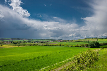Meadows and fields near Mikulov town before storm in spring hot day