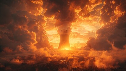 Obraz premium “Apocalyptic Skyscraper Inferno Amidst Dark Clouds”
