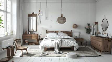 Scandinavian master bedroom with sleek furniture, white walls, wooden accents, and simple decor