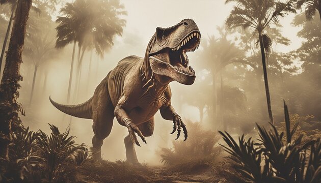 Un T-Rex &agrave; la poursuite d&rsquo;une proie dans une jungle pr&eacute;historique