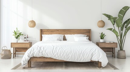 Scandinavian master bedroom with a sleek bed frame, white bedding, wooden nightstands, and simple decor