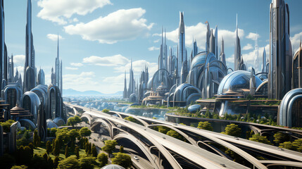 The image shows a futuristic city with many tall buildings, wide roads, and flying cars.

