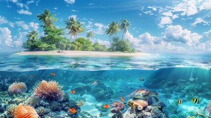Abstract background , A beautiful tropical island with palm trees and clear blue water, a colorful coral reef and sea anemone at the bottom with an underwater view of a sea turtle and three clownfish.