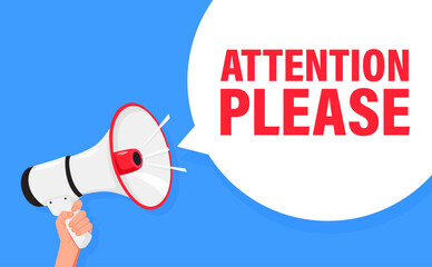 Attention please. Hand hold megaphone speaker for announce. Attention please. Shouting people, advertisement speech symbol