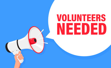 Volunteers needed. Hand hold megaphone speaker for announce. Attention please. Shouting people, advertisement speech symbol