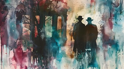 Silhouetted Figures Amid Dreamlike Urban Landscape