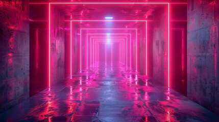 Vibrant Red Laser Beams Dark Neon Glowing Metal Grid Cells Concrete Cement Room Studio Showcase Cyber