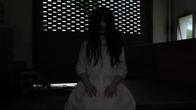 Ghost woman in white,haunted abandoned place,spooky horror movie concept,vengeful spirit,afterlife mystery