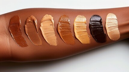 Testing three shades of cosmetics on a woman's arm, beautifully lit like in an advertisement, white background, realistic style