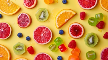 Colorful flat lay of various fruit slices and jellies arranged in a pattern.