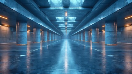 Realistic 3D rendering of a modern studio with metal, cement, concrete, asphalt, tunnel corridors, showrooms, and blossomlights