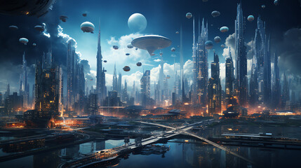 A futuristic city with tall buildings and a large moon in the background. There is a river running through the middle of the city and it is surrounded by mountains.