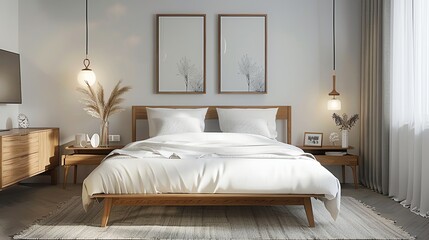 Scandinavian second bedroom with a sleek bed frame, white bedding, wooden nightstands, and simple decor