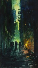 Mysterious Alley in Dimly Lit Urban Landscape at Nightfall