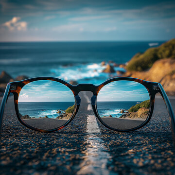 A pair of glasses with the frames resting on an empty road, summer concept