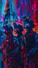 Tactical Special Forces Team Conducting Covert Nighttime Urban in Futuristic Environment
