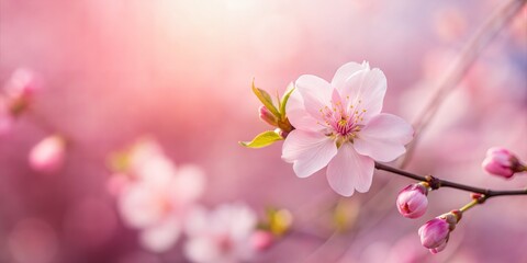 Obraz premium Cherry Blossom Blur: A delicate, pink blurred background with the distinct form of a single cherry blossom. 