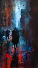 Mysterious Nighttime Cityscape with Blurred Figures in Motion and Vibrant Lights