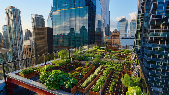 aerial view of self-sufficient eco-friendly urban garden in the rooftop of a building in a cosmopolitan city, green harvest, eco community
